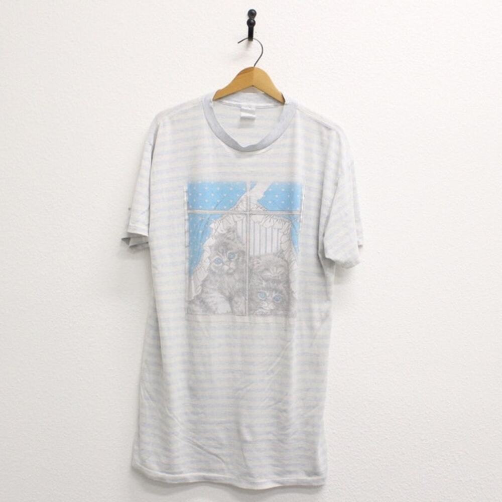 Vintage Kitty Cats in Window Night T Shirt Large